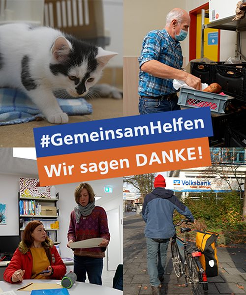 Das Bild besteht aus vier Einzelbilder. In der Mitte steht der Schriftzug "#GemeinsamHelfen Wir sagen DANKE!". Das Bild links oben zeigt eine schwarz-weiß gefleckte Katze. Das Bild rechts oben zeigt einen älteren Herrn, der eine Atemmaske über Mund und Nase trägt und eine Kiste mit Brot in den Händen hält. Im Bild links unten sind zwei Frauen zu sehen. Eine sitzt, die andere Steht. Die sitzende Frau trägt eine rote Jacke und sitzt an einem Tisch und schaut zur Frau, die steht. Diese trägt einen gestrickten Pullover und hat Papier in den Händen. Das Bild rechts unten wiederum zeigt eine Person in Jacke und roter Mütze, ein Fahrrad schiebend, von hinten vor einer Volksbank-Filiale.
