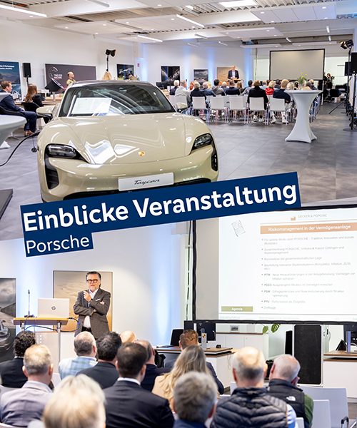 Das Bild ist zweigeteilt und in der Mitte steht "Einblicke Veranstaltung - Prosche". Im oberen Bild ist im Vordergrund ein weißer Porsche zu sehen. Dahinter sitzen mehrere Menschen auf weißen Stühlen und schauen nach vorne auf eine Bühne, auf der gerade eine Person zu ihnen spricht. Darunter ist eine Person in einem grauen Anzug zu sehen, die auf der Bühne steht und zum Publikum, das man von hinten sieht, spricht.