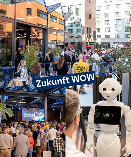 Das Bild ist dreigeteilt und in der Mitte steht "Zukunft WOW". Im oberen Bild sind mehrere Menschen zu sehen, die darauf warten in ein GEbäude gehen zu dürfen. Im Bild links unten sind viele Menschen von hinten zu sehen, die auf eine Bühne schauen. Im Bild rechts unten wiederum ist ein weißer Roboter zu sehen, der auf seiner Brust ein Tablet hat.